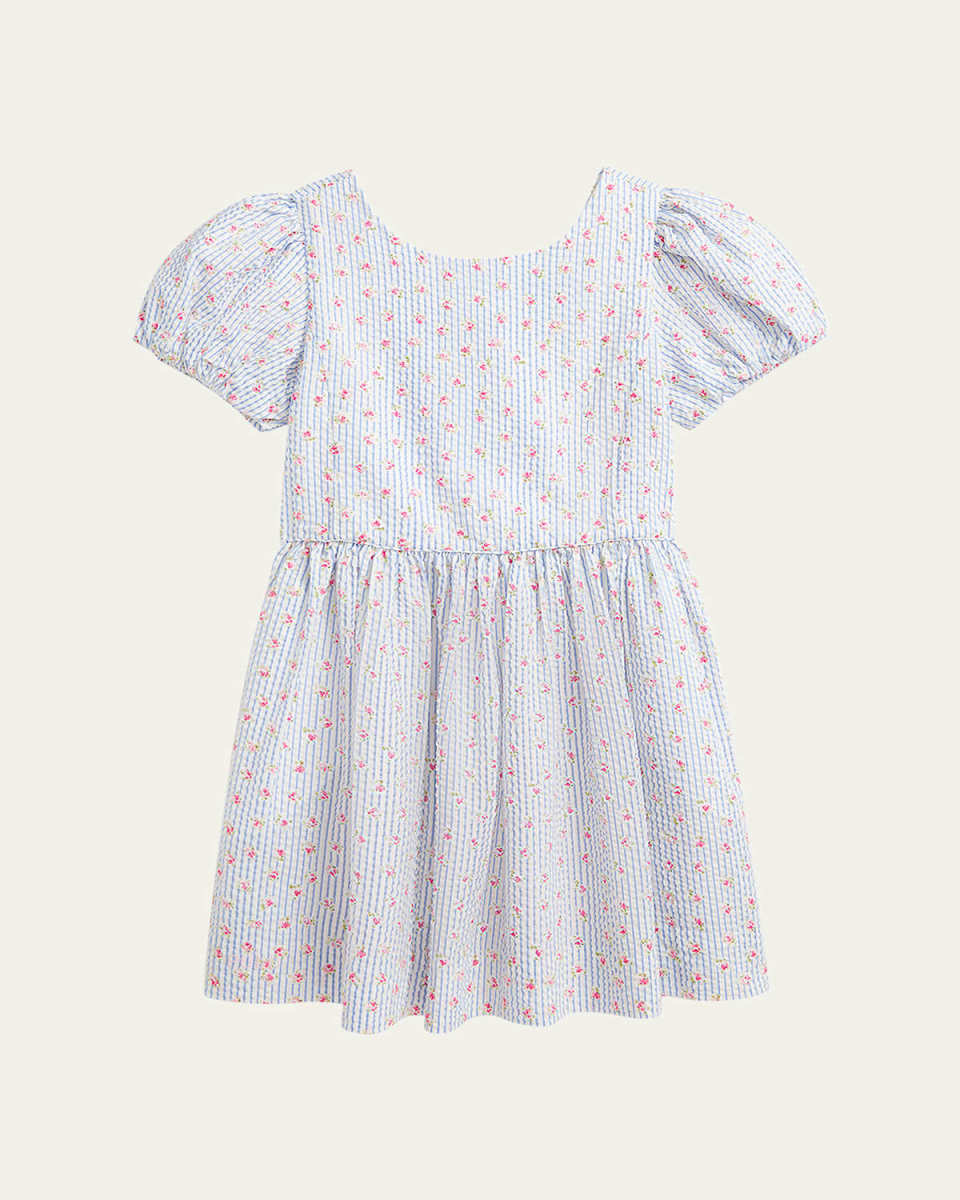Girl's Striped Floral-Print Seersucker Dress, Size 2-6X